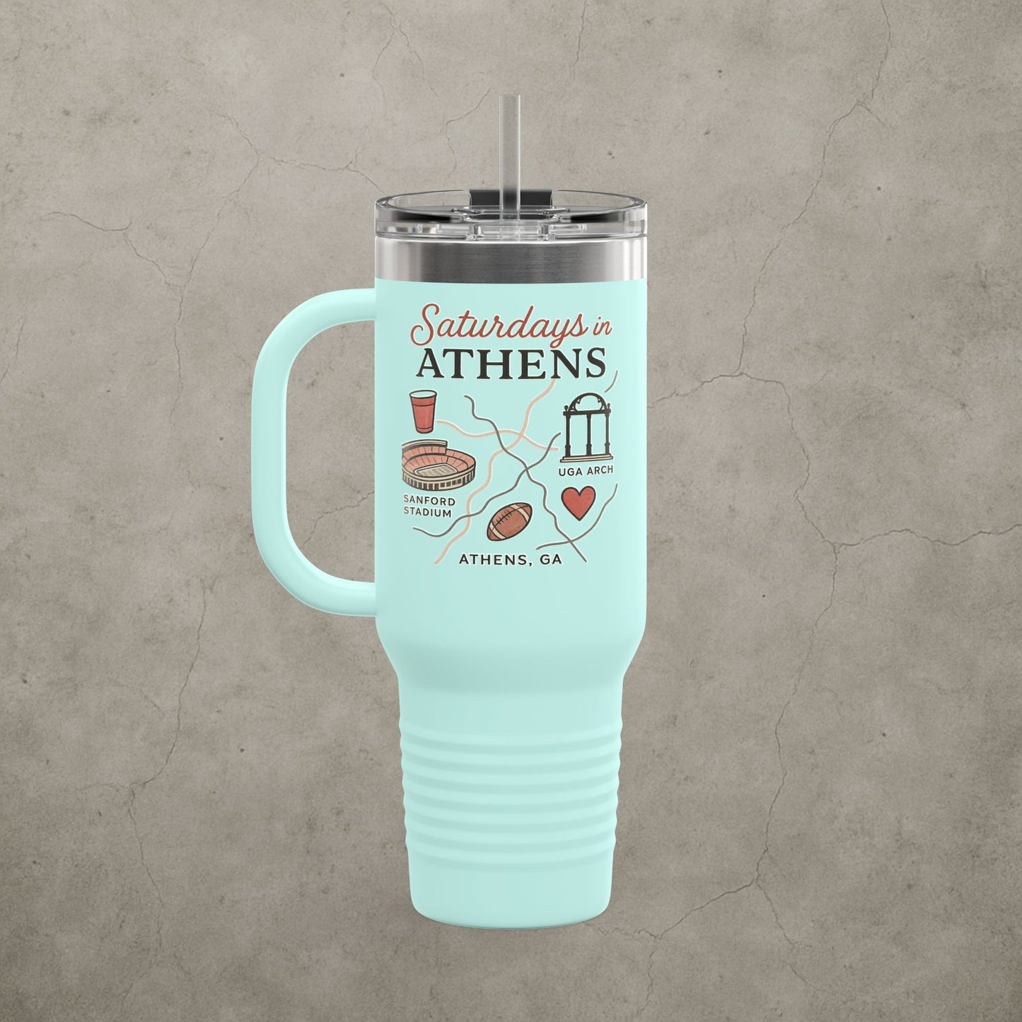 Saturdays in Athens Insulated Travel Mug, 40oz | Custom Hot & Cold Drink Cup, Tailgate Gear, Athens GA Gift, Road Trip Essential