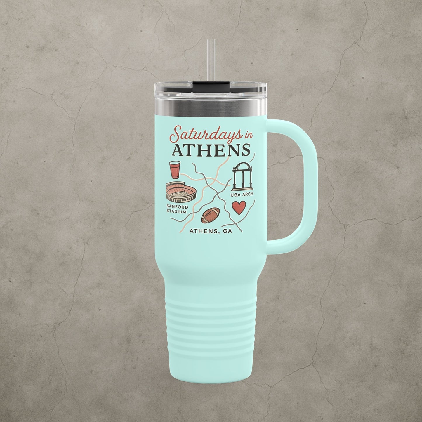 Saturdays in Athens Insulated Travel Mug, 40oz | Custom Hot & Cold Drink Cup, Tailgate Gear, Athens GA Gift, Road Trip Essential