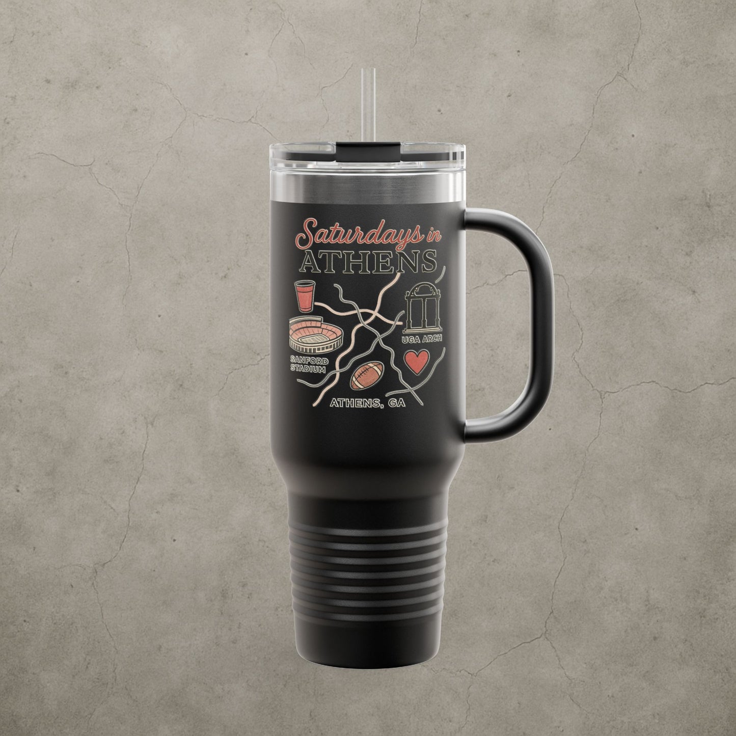 Saturdays in Athens Insulated Travel Mug, 40oz | Custom Hot & Cold Drink Cup, Tailgate Gear, Athens GA Gift, Road Trip Essential