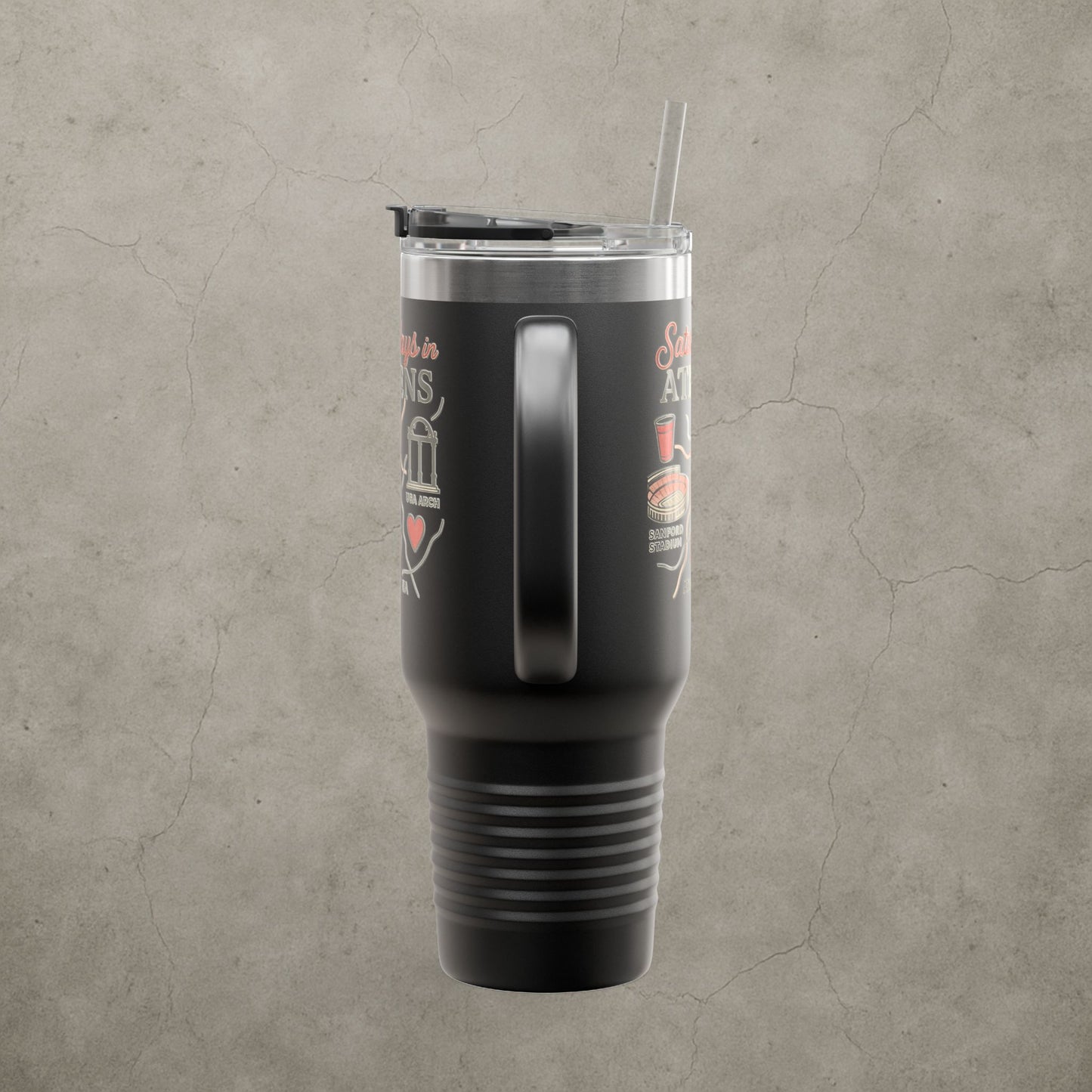 Saturdays in Athens Insulated Travel Mug, 40oz | Custom Hot & Cold Drink Cup, Tailgate Gear, Athens GA Gift, Road Trip Essential