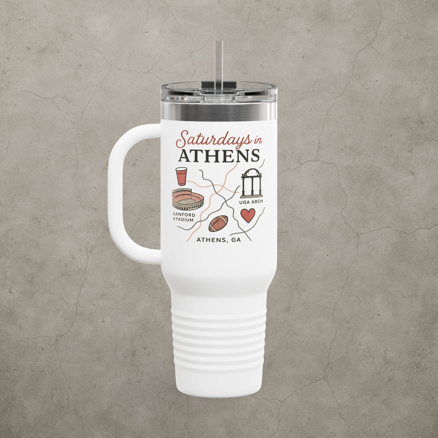 Saturdays in Athens Insulated Travel Mug, 40oz | Custom Hot & Cold Drink Cup, Tailgate Gear, Athens GA Gift, Road Trip Essential