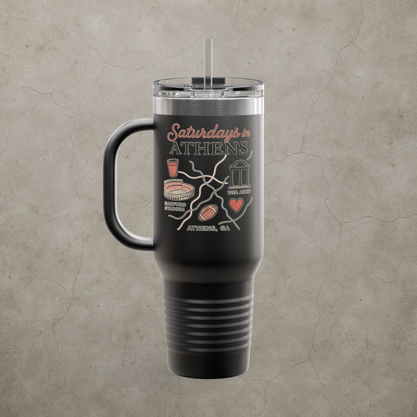 Saturdays in Athens Insulated Travel Mug, 40oz | Custom Hot & Cold Drink Cup, Tailgate Gear, Athens GA Gift, Road Trip Essential