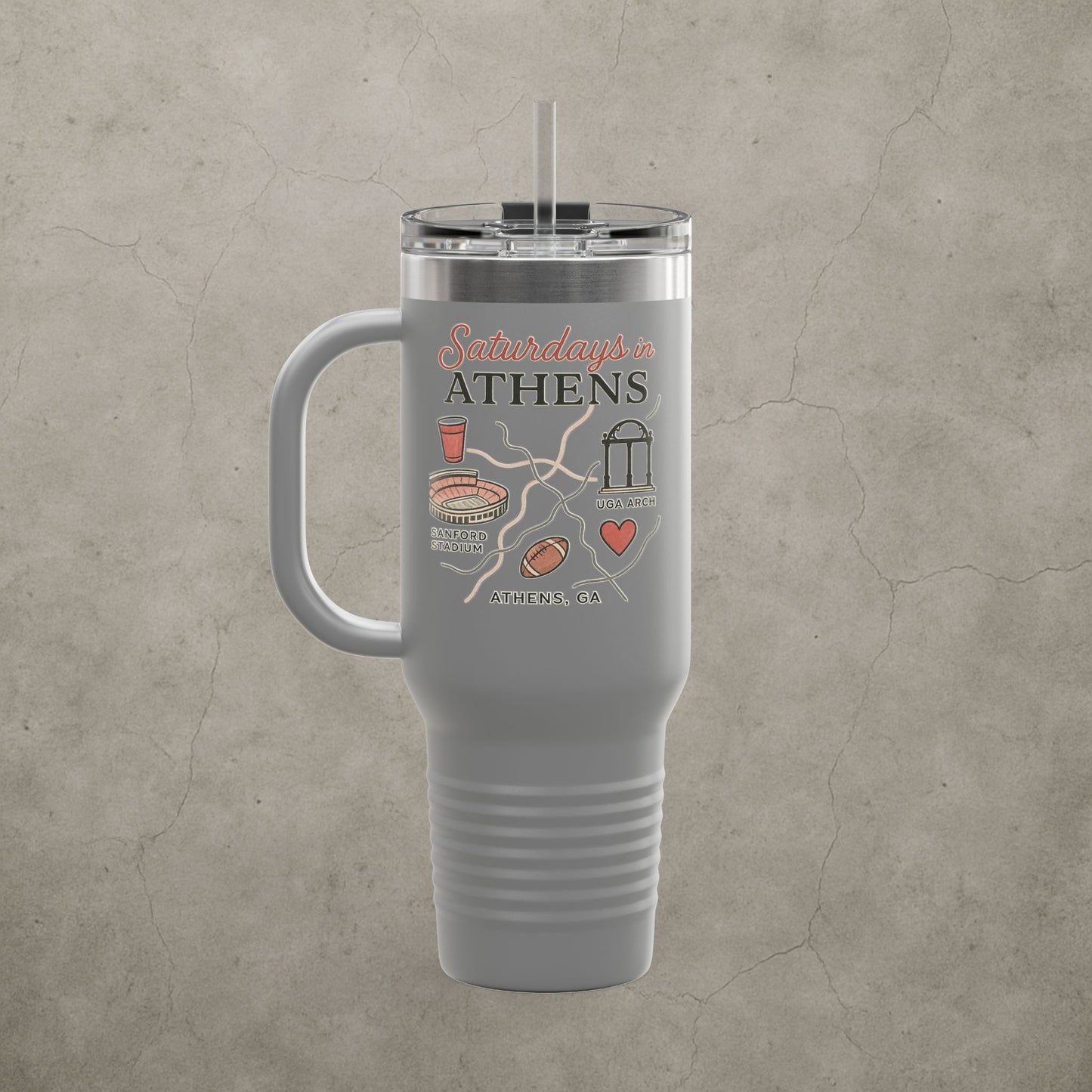 Saturdays in Athens Insulated Travel Mug, 40oz | Custom Hot & Cold Drink Cup, Tailgate Gear, Athens GA Gift, Road Trip Essential