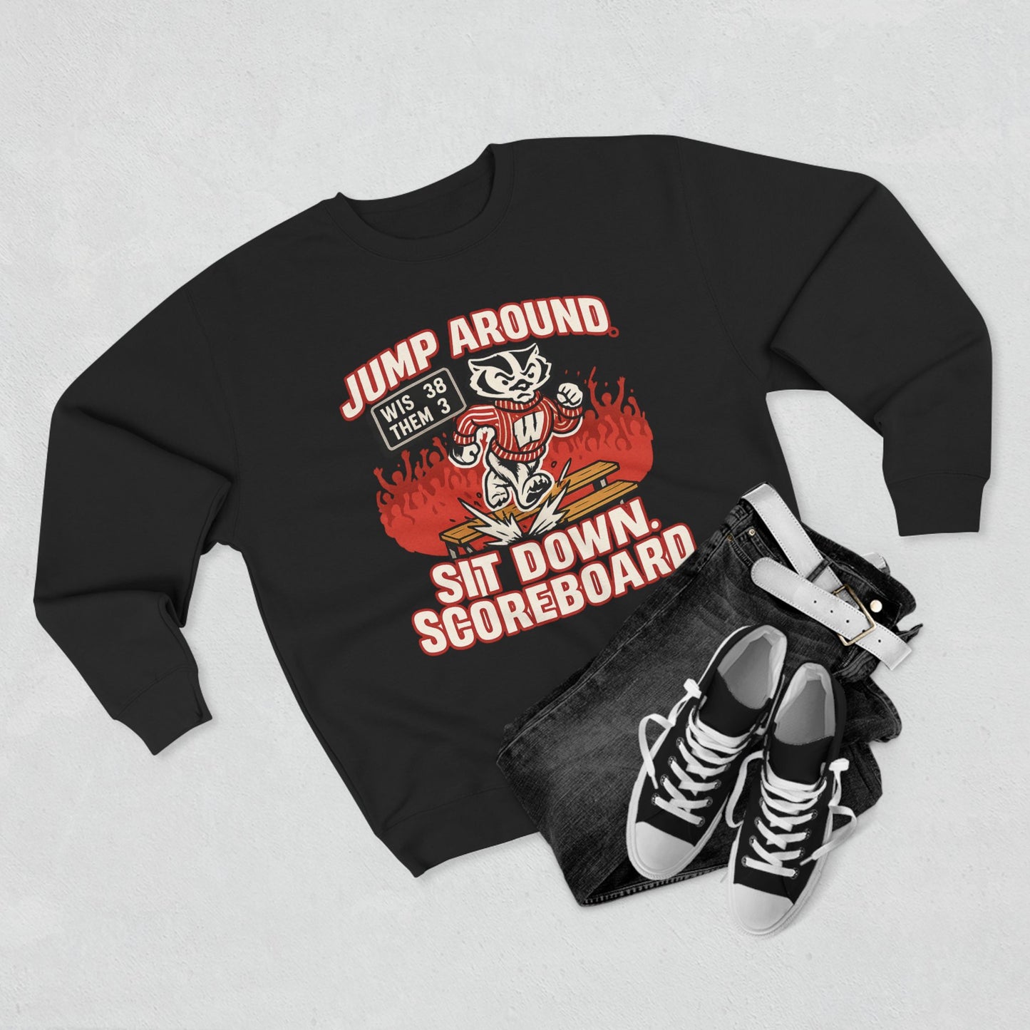 Black Wisconsin Sports Crewneck Sweatshirt, Game Day Apparel, College Sweatshirt, Unisex Sportswear, Wisconsin Fan Gear