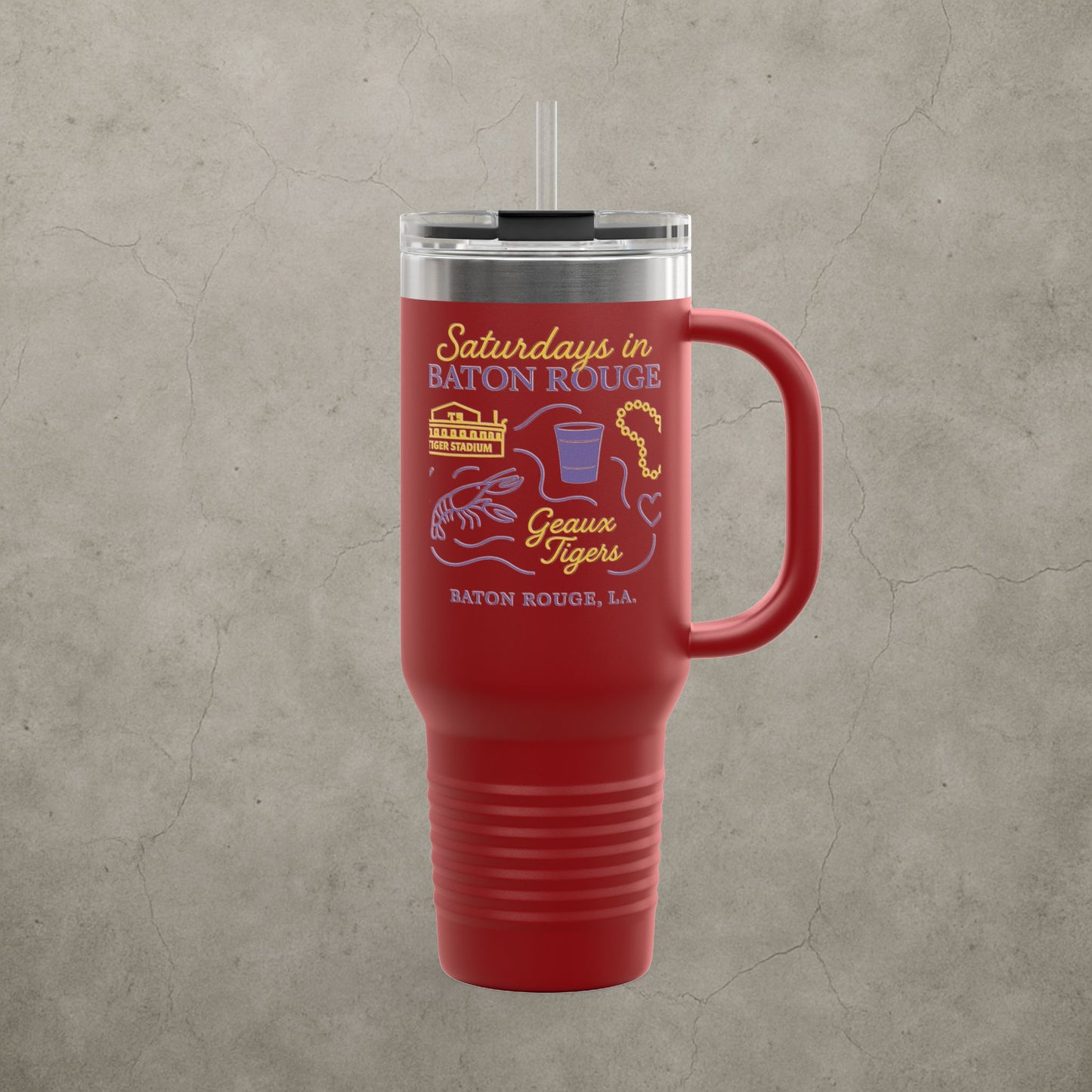 LSU Tigers 'Saturdays in Baton Rouge Tumbler' - 40oz College Game Day Cup - Stainless Steel Tailgate Mug - 5 Colors