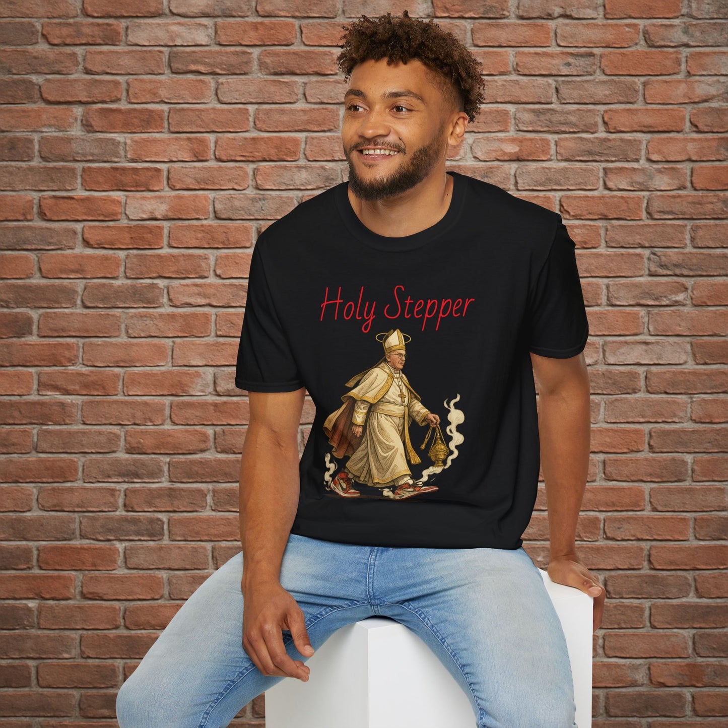 Holy Stepper T-Shirt – Pope Walking with Incense and Jordans – Funny Catholic Streetwear – Sizes Small to 2XL
