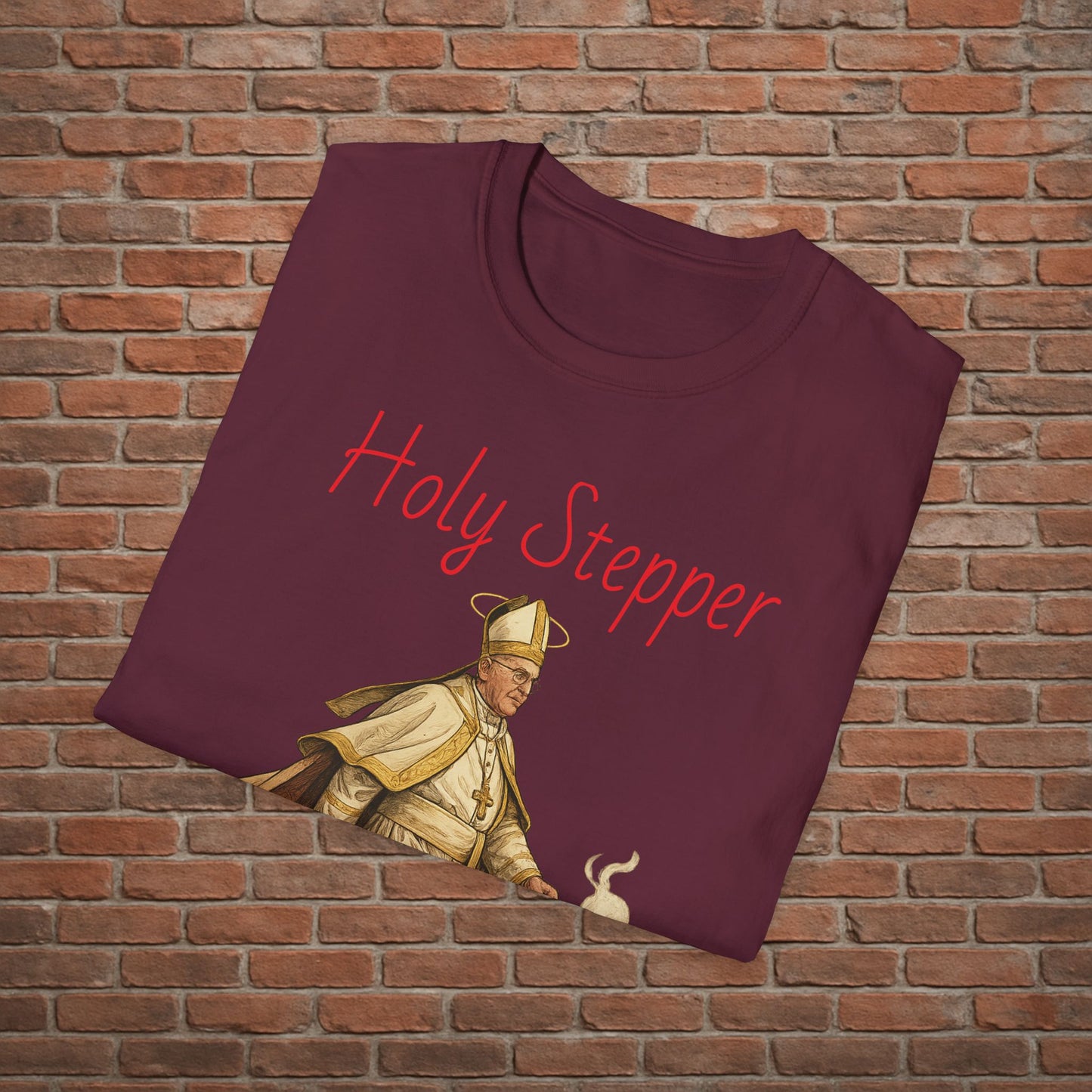 Holy Stepper T-Shirt – Pope Walking with Incense and Jordans – Funny Catholic Streetwear – Sizes Small to 2XL
