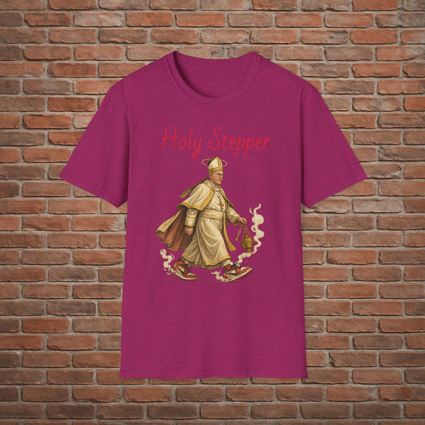 Holy Stepper T-Shirt – Pope Walking with Incense and Jordans – Funny Catholic Streetwear – Sizes Small to 2XL