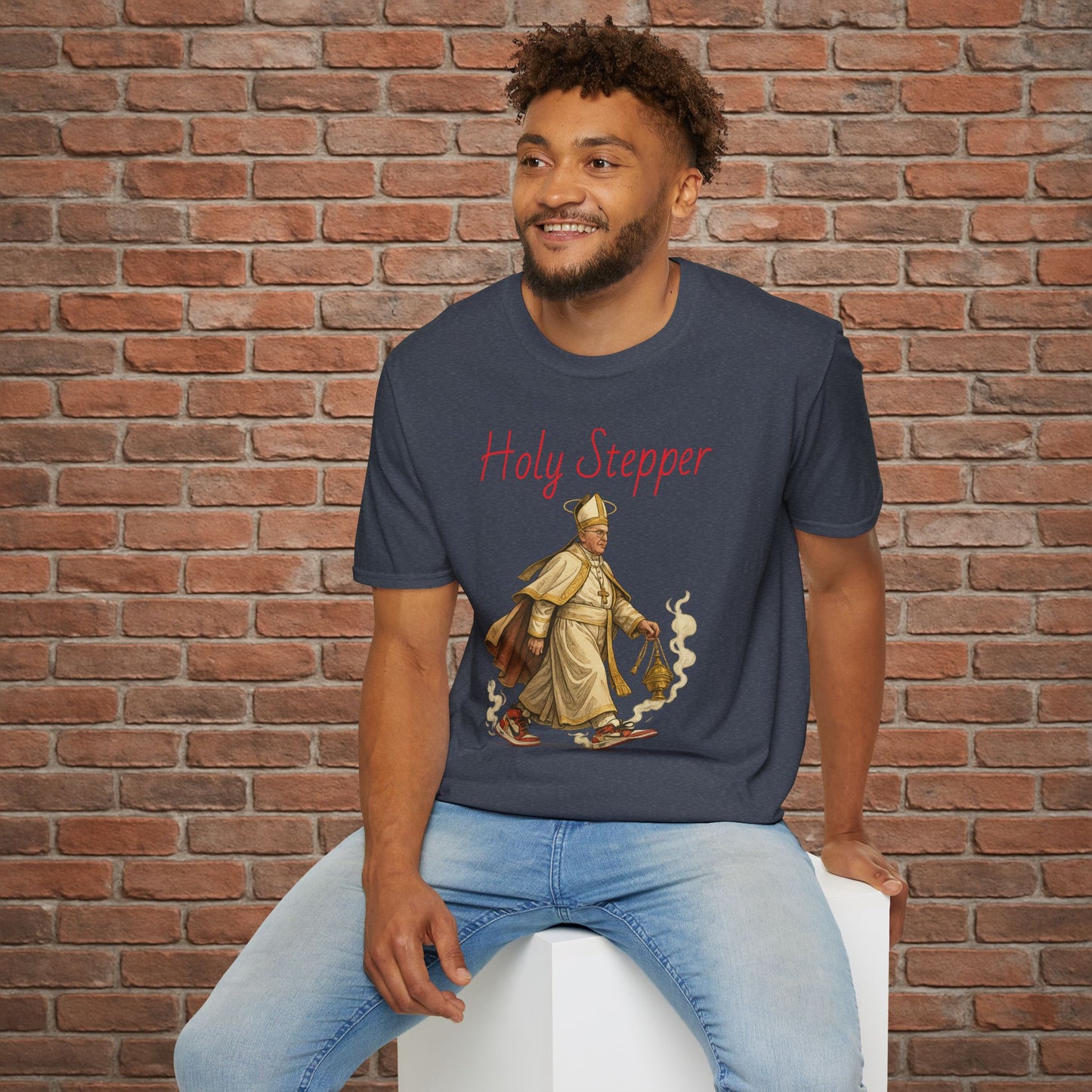 Holy Stepper T-Shirt – Pope Walking with Incense and Jordans – Funny Catholic Streetwear – Sizes Small to 2XL