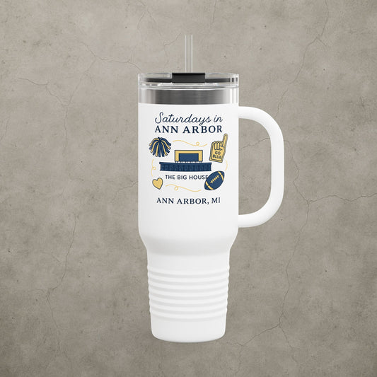 Michigan Wolverines 'Saturdays in Ann Arbor Tumbler' - 40oz College Game Day Cup - Stainless Steel - Big House Gift - 5 Colors
