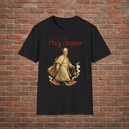 Holy Stepper T-Shirt – Pope Walking with Incense and Jordans – Funny Catholic Streetwear – Sizes Small to 2XL