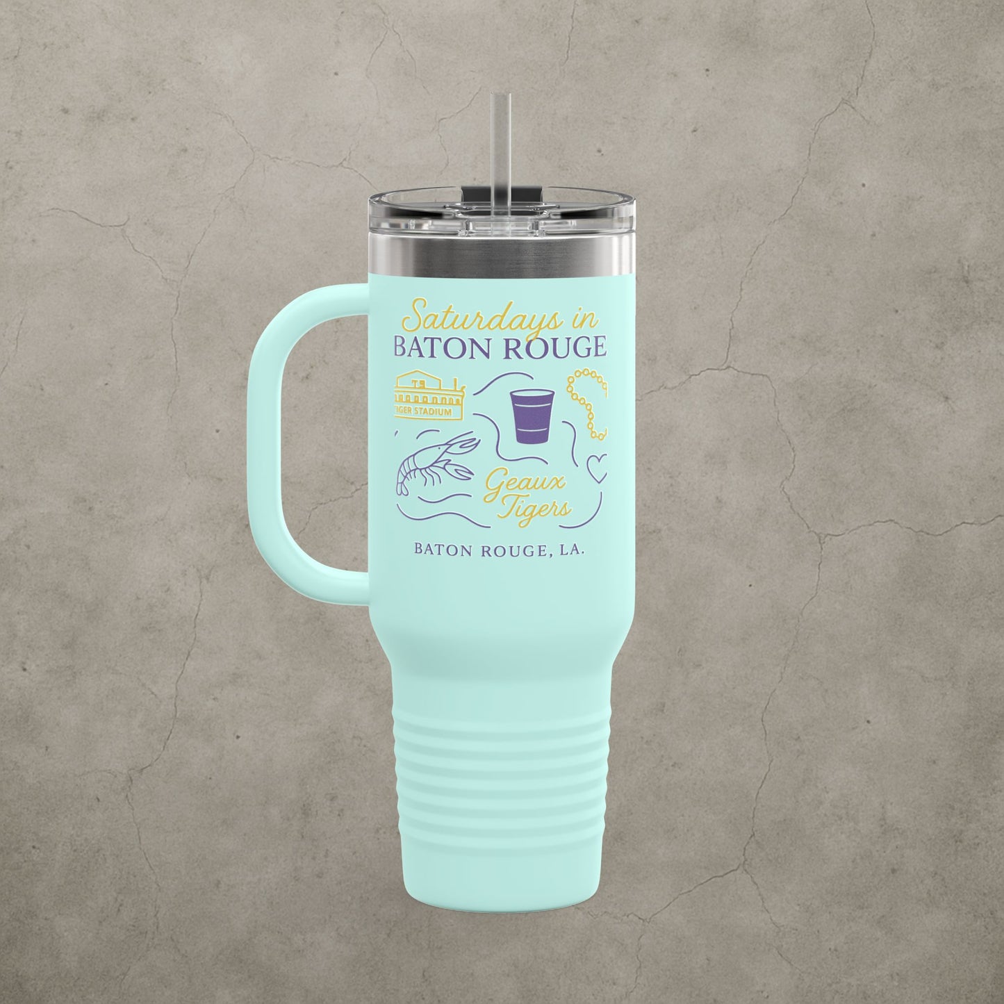 LSU Tigers 'Saturdays in Baton Rouge Tumbler' - 40oz College Game Day Cup - Stainless Steel Tailgate Mug - 5 Colors