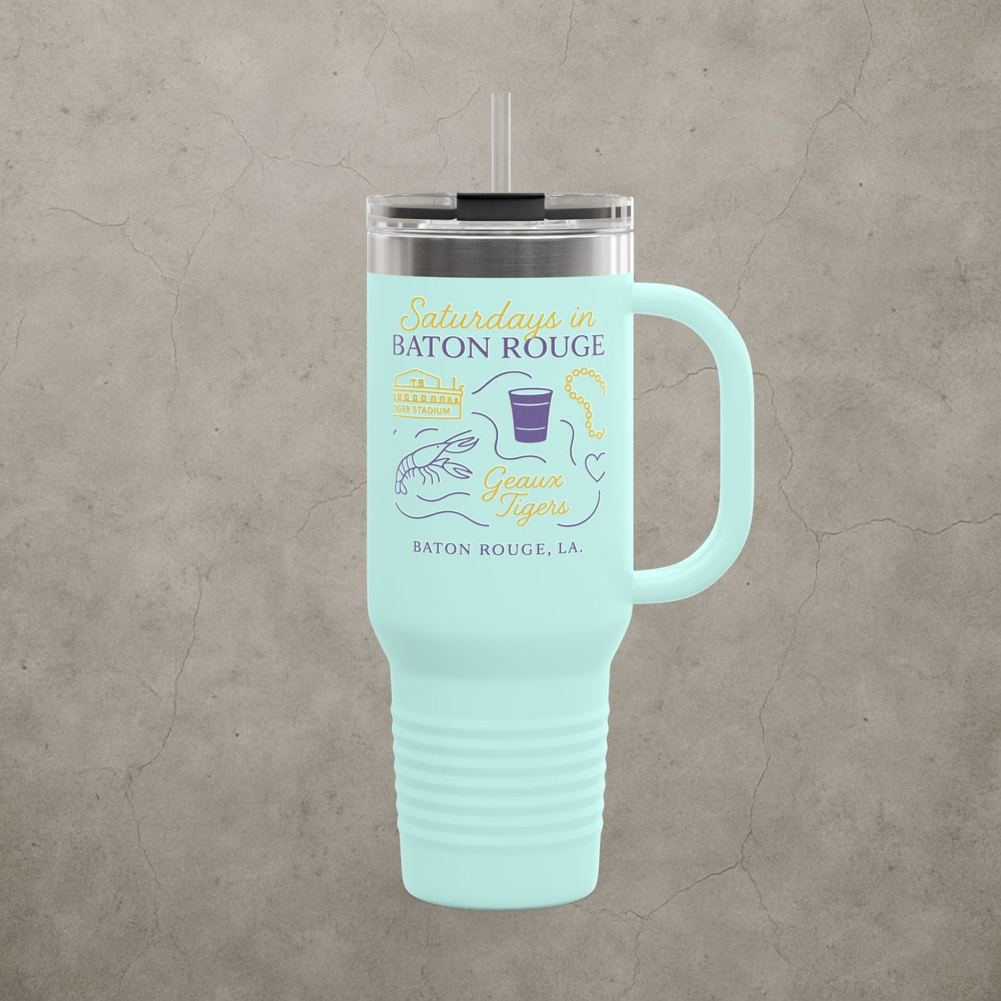LSU Tigers 'Saturdays in Baton Rouge Tumbler' - 40oz College Game Day Cup - Stainless Steel Tailgate Mug - 5 Colors