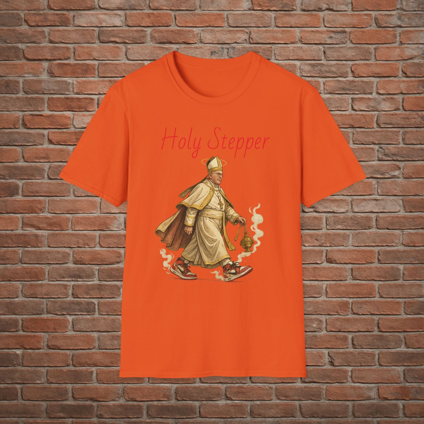 Holy Stepper T-Shirt – Pope Walking with Incense and Jordans – Funny Catholic Streetwear – Sizes Small to 2XL