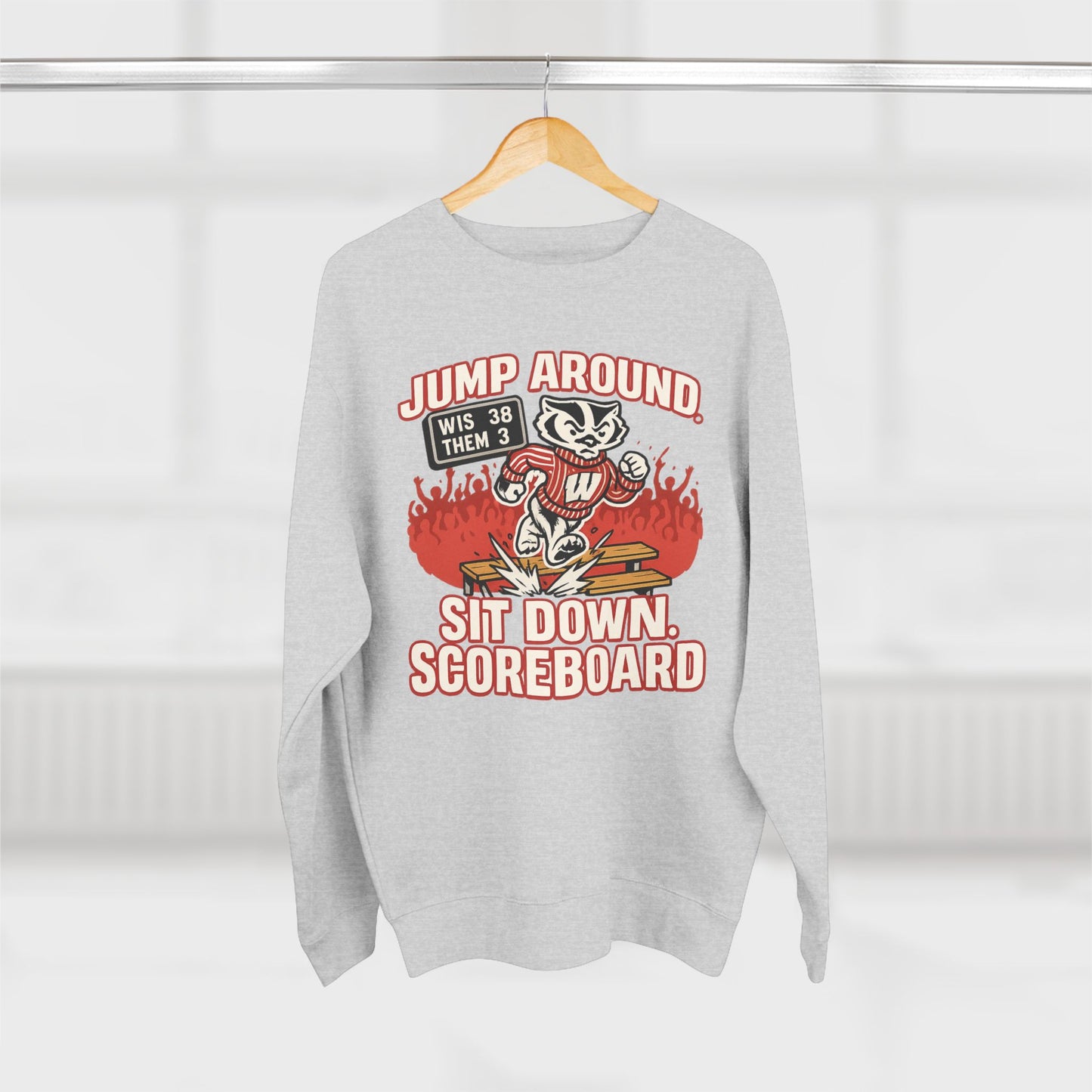 Wisconsin Badgers Jump Around Sweatshirt - Game Day College Crewneck- Funny Camp Randall Scoreboard Shirt - S-XL - 3 Colors