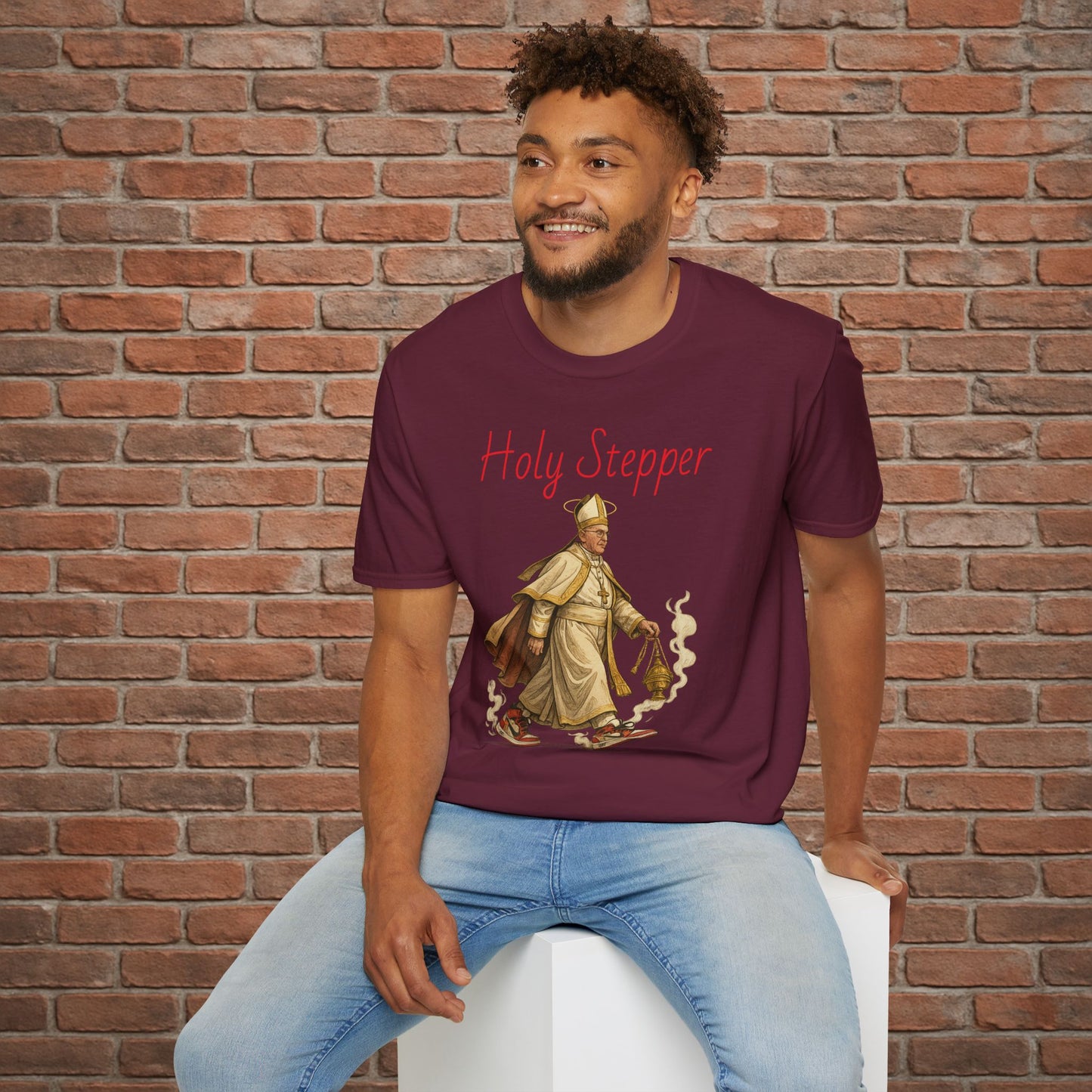 Holy Stepper T-Shirt – Pope Walking with Incense and Jordans – Funny Catholic Streetwear – Sizes Small to 2XL