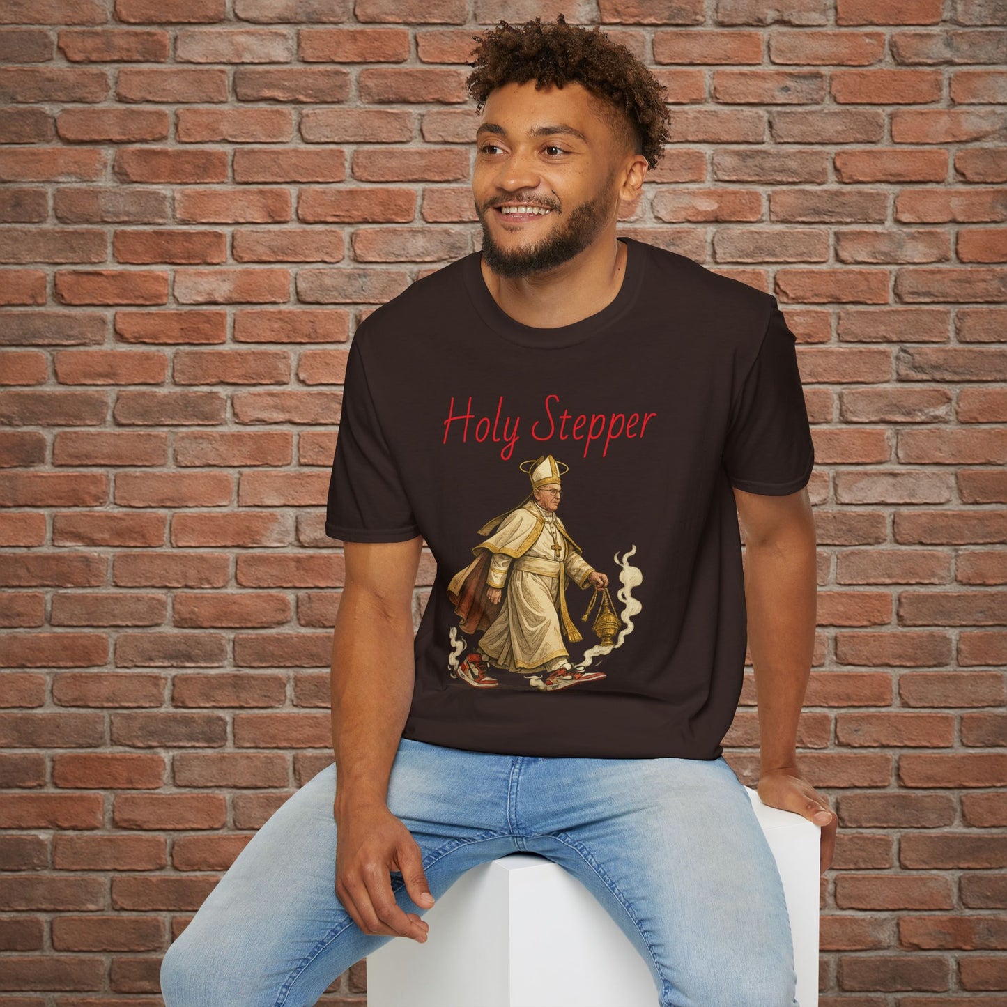 Holy Stepper T-Shirt – Pope Walking with Incense and Jordans – Funny Catholic Streetwear – Sizes Small to 2XL