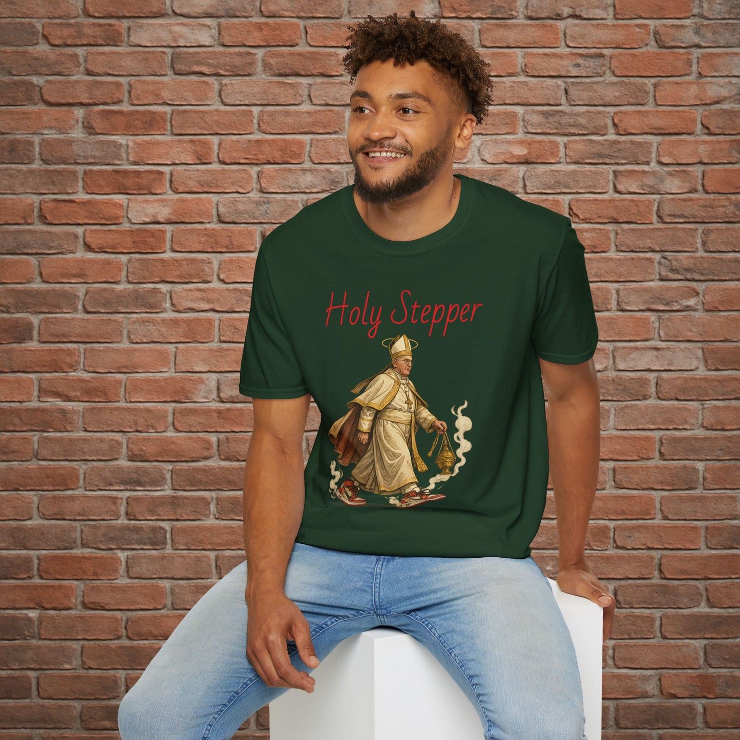 Holy Stepper T-Shirt – Pope Walking with Incense and Jordans – Funny Catholic Streetwear – Sizes Small to 2XL