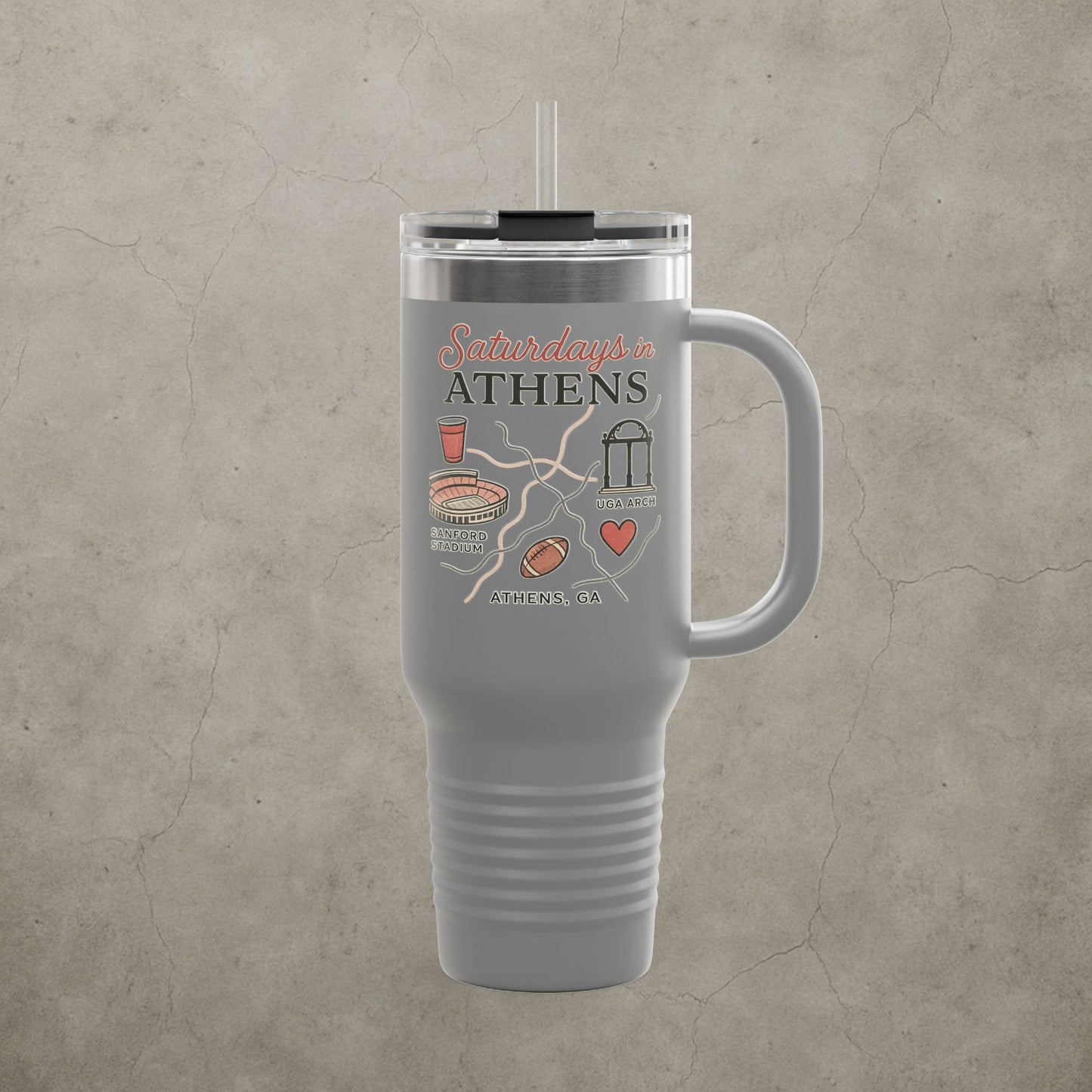 Saturdays in Athens Insulated Travel Mug, 40oz | Custom Hot & Cold Drink Cup, Tailgate Gear, Athens GA Gift, Road Trip Essential