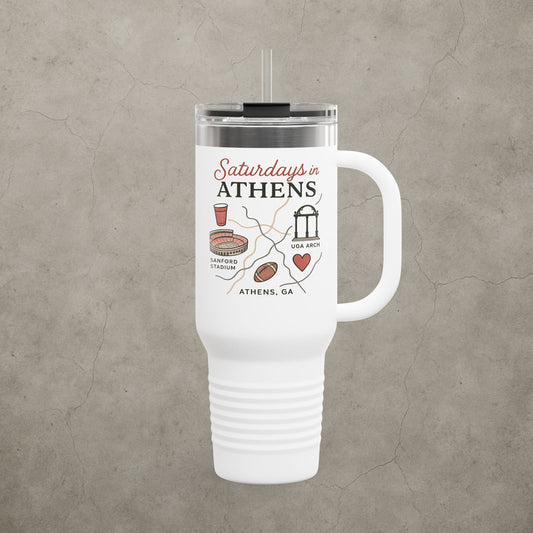 Saturdays in Athens Insulated Travel Mug, 40oz | Custom Hot & Cold Drink Cup, Tailgate Gear, Athens GA Gift, Road Trip Essential