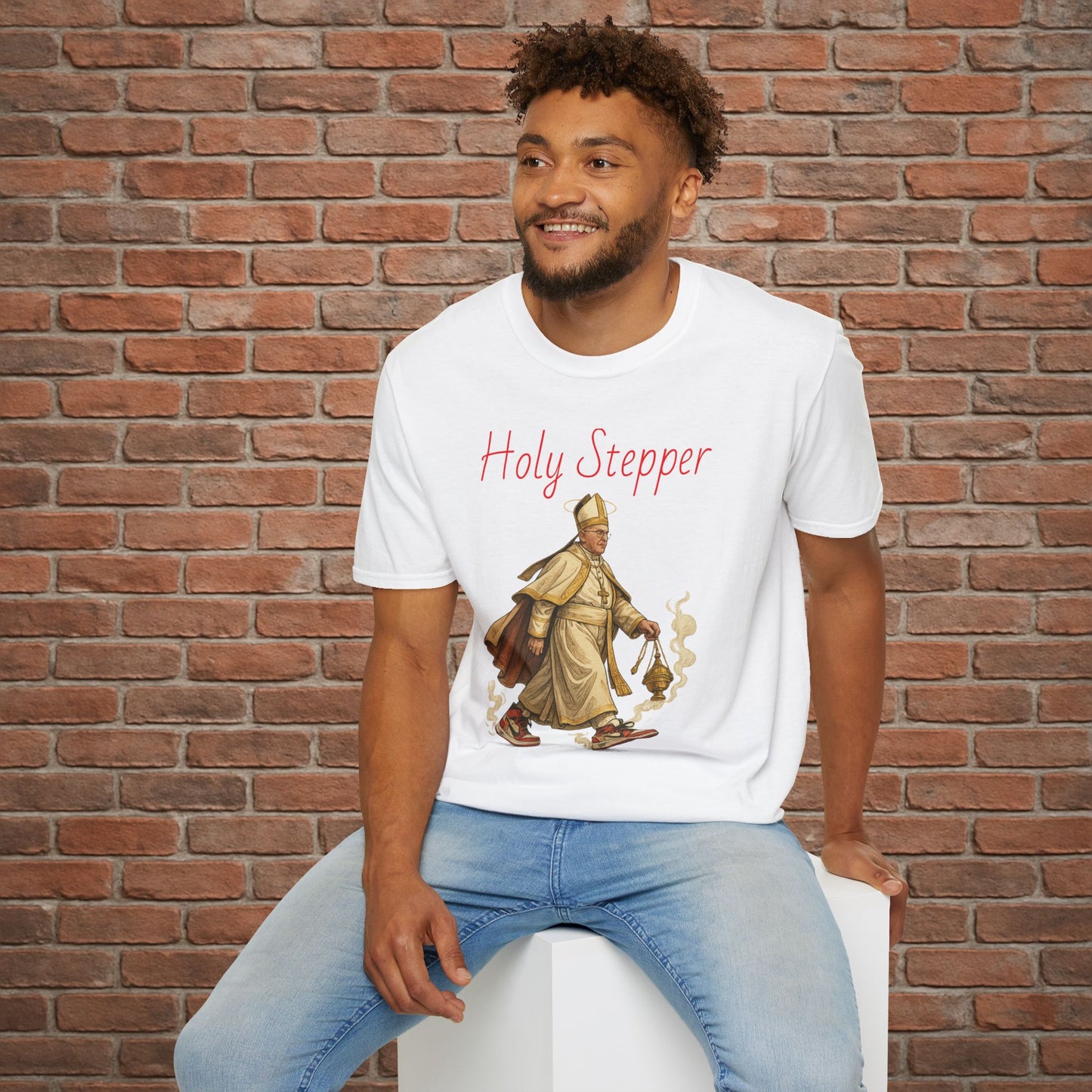 Holy Stepper T-Shirt – Pope Walking with Incense and Jordans – Funny Catholic Streetwear – Sizes Small to 2XL