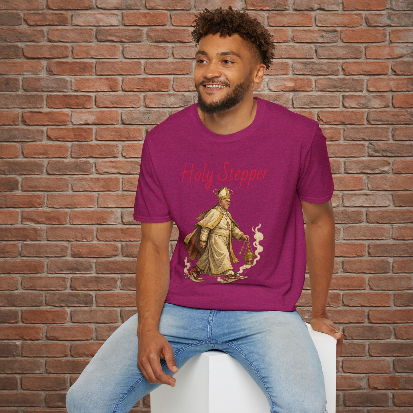 Holy Stepper T-Shirt – Pope Walking with Incense and Jordans – Funny Catholic Streetwear – Sizes Small to 2XL