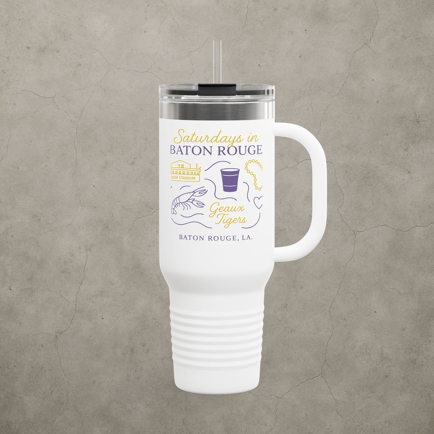 LSU Tigers 'Saturdays in Baton Rouge Tumbler' - 40oz College Game Day Cup - Stainless Steel Tailgate Mug - 5 Colors