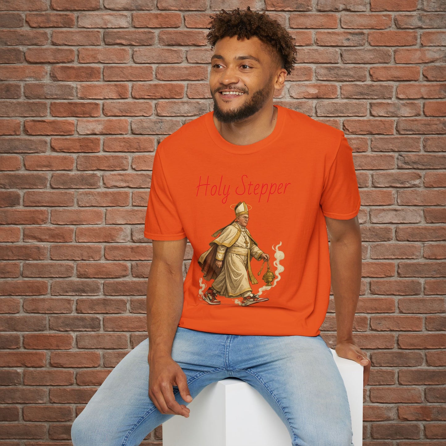 Holy Stepper T-Shirt – Pope Walking with Incense and Jordans – Funny Catholic Streetwear – Sizes Small to 2XL