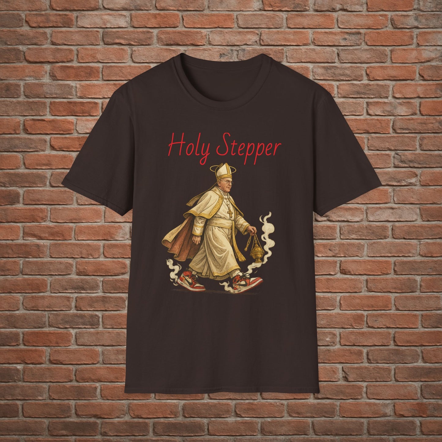 Holy Stepper T-Shirt – Pope Walking with Incense and Jordans – Funny Catholic Streetwear – Sizes Small to 2XL