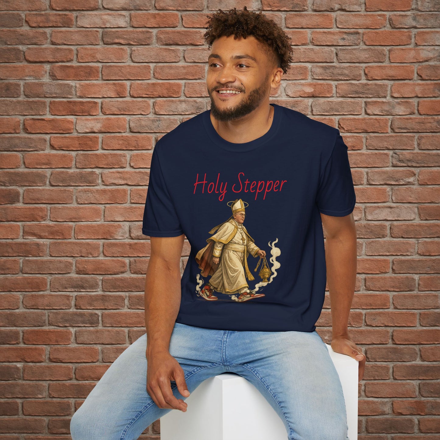 Holy Stepper T-Shirt – Pope Walking with Incense and Jordans – Funny Catholic Streetwear – Sizes Small to 2XL