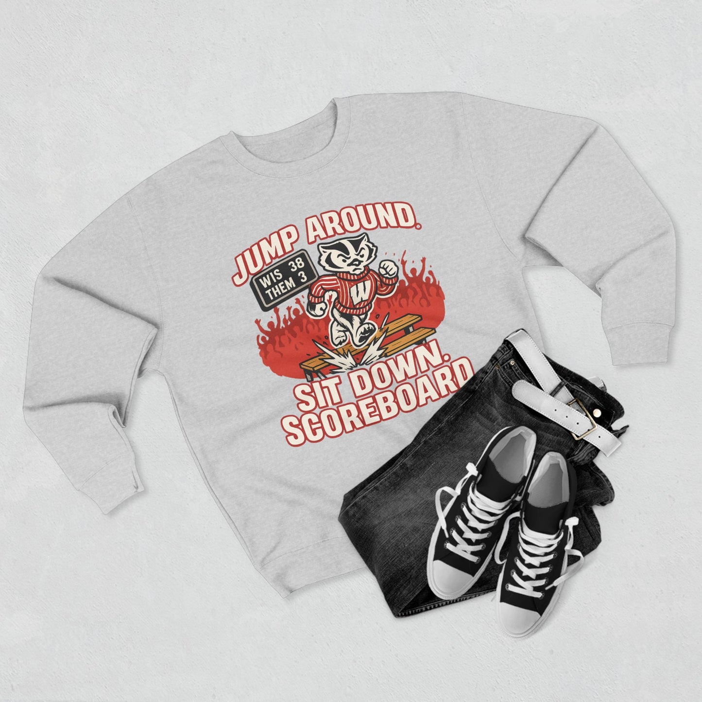 Wisconsin Badgers Jump Around Sweatshirt - Game Day College Crewneck- Funny Camp Randall Scoreboard Shirt - S-XL - 3 Colors