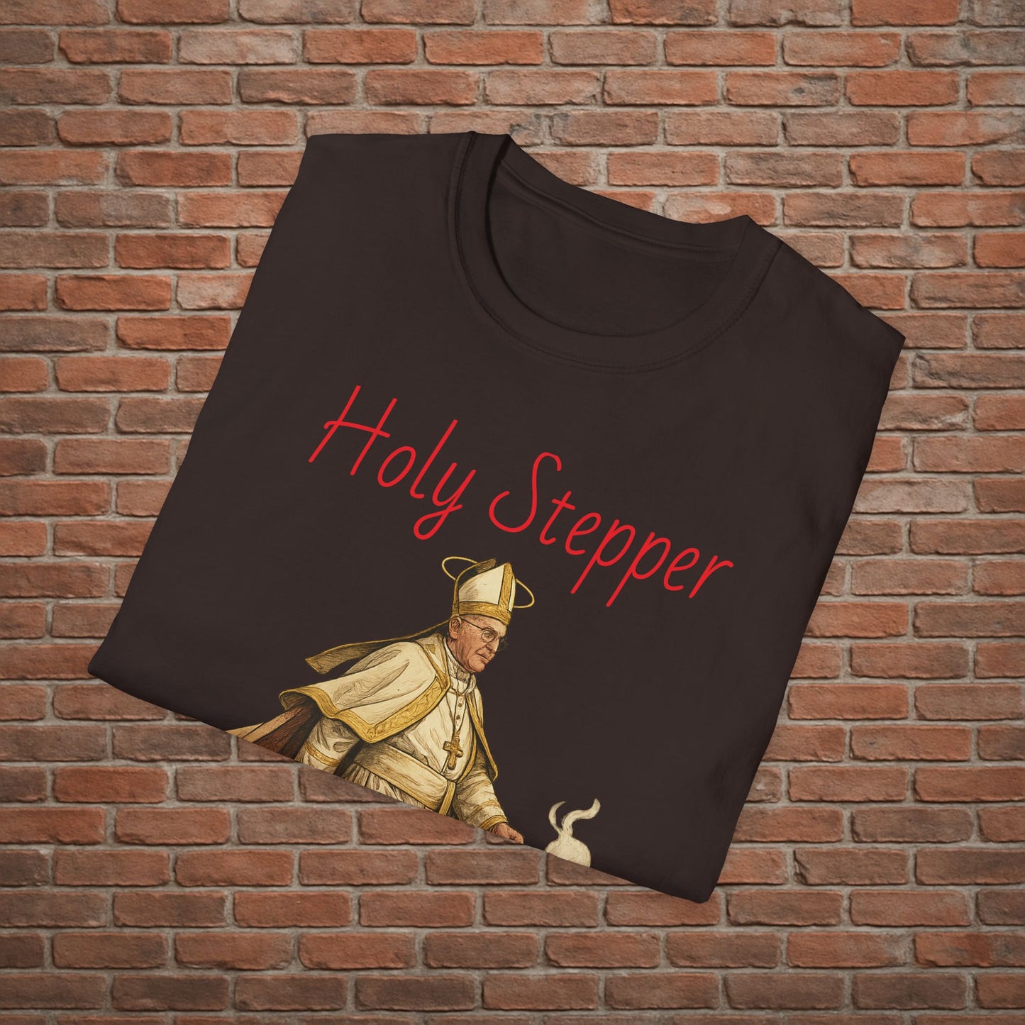 Holy Stepper T-Shirt – Pope Walking with Incense and Jordans – Funny Catholic Streetwear – Sizes Small to 2XL
